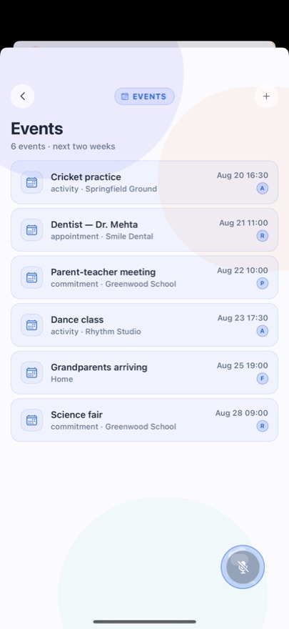 The events screen — family plans with times, places and who they're for.