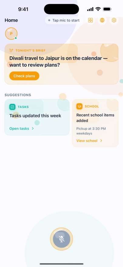 The apna-ai home screen: tonight's brief and suggestions from your manager.
